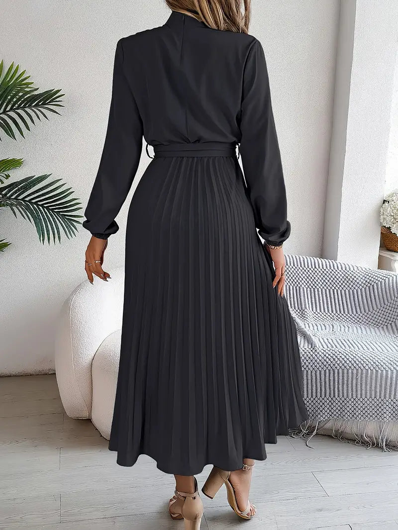 Serena™ – Abito Midi Plissettato con Maniche Lunghe e Cinturaa