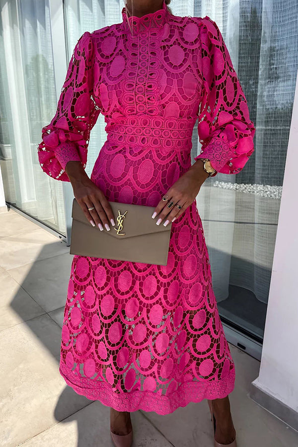 Melody - Elegante Abito Midi in Pizzo Collo Alto & Maniche a Sbuffo