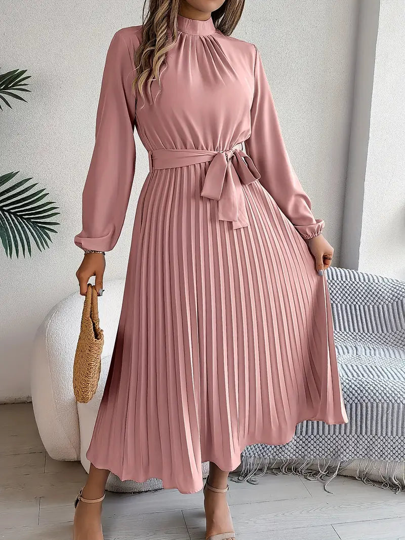 Serena™ – Abito Midi Plissettato con Maniche Lunghe e Cinturaa