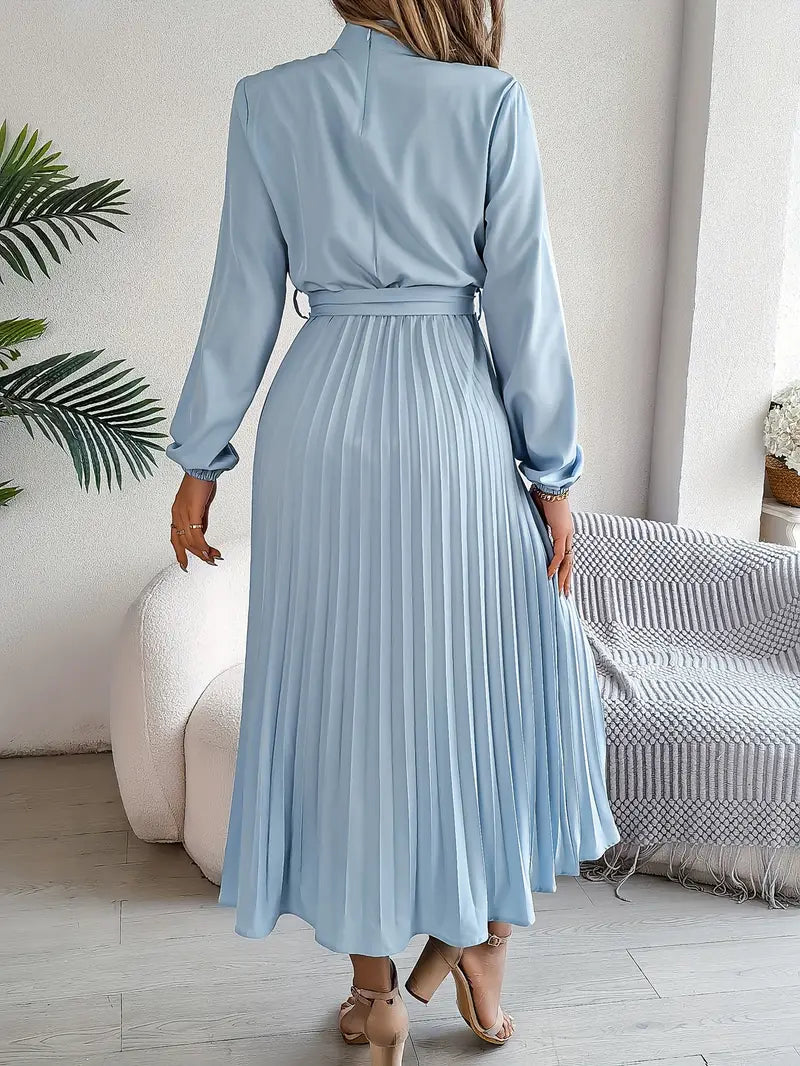 Serena™ – Abito Midi Plissettato con Maniche Lunghe e Cinturaa