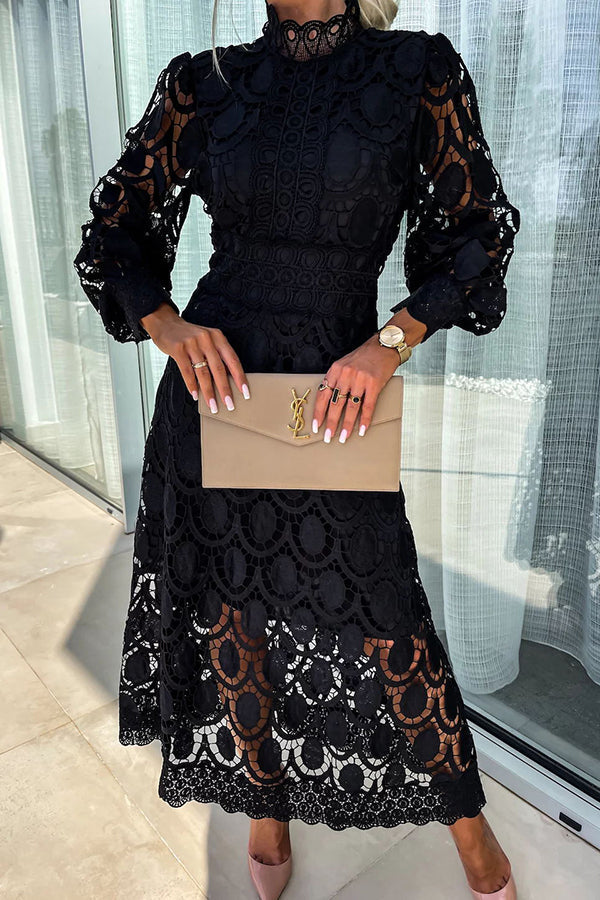 Melody - Elegant Midi Lace Dress with High Neck & Puff Sleeves