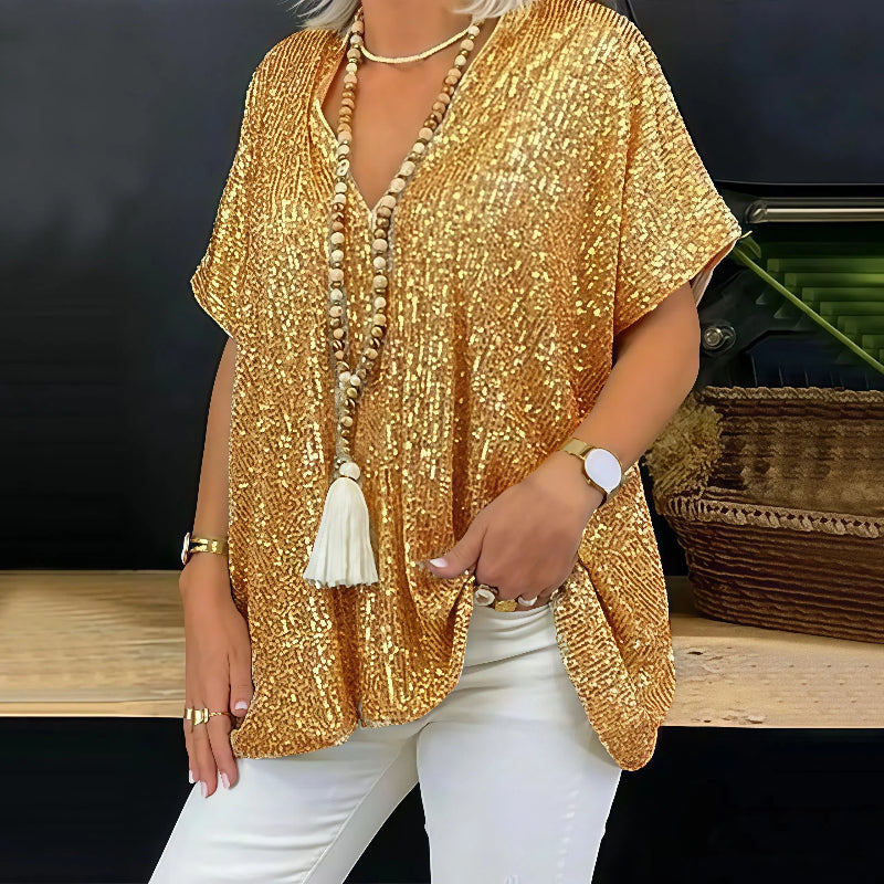 Paola - Maglietta con paillettes e scollo a V