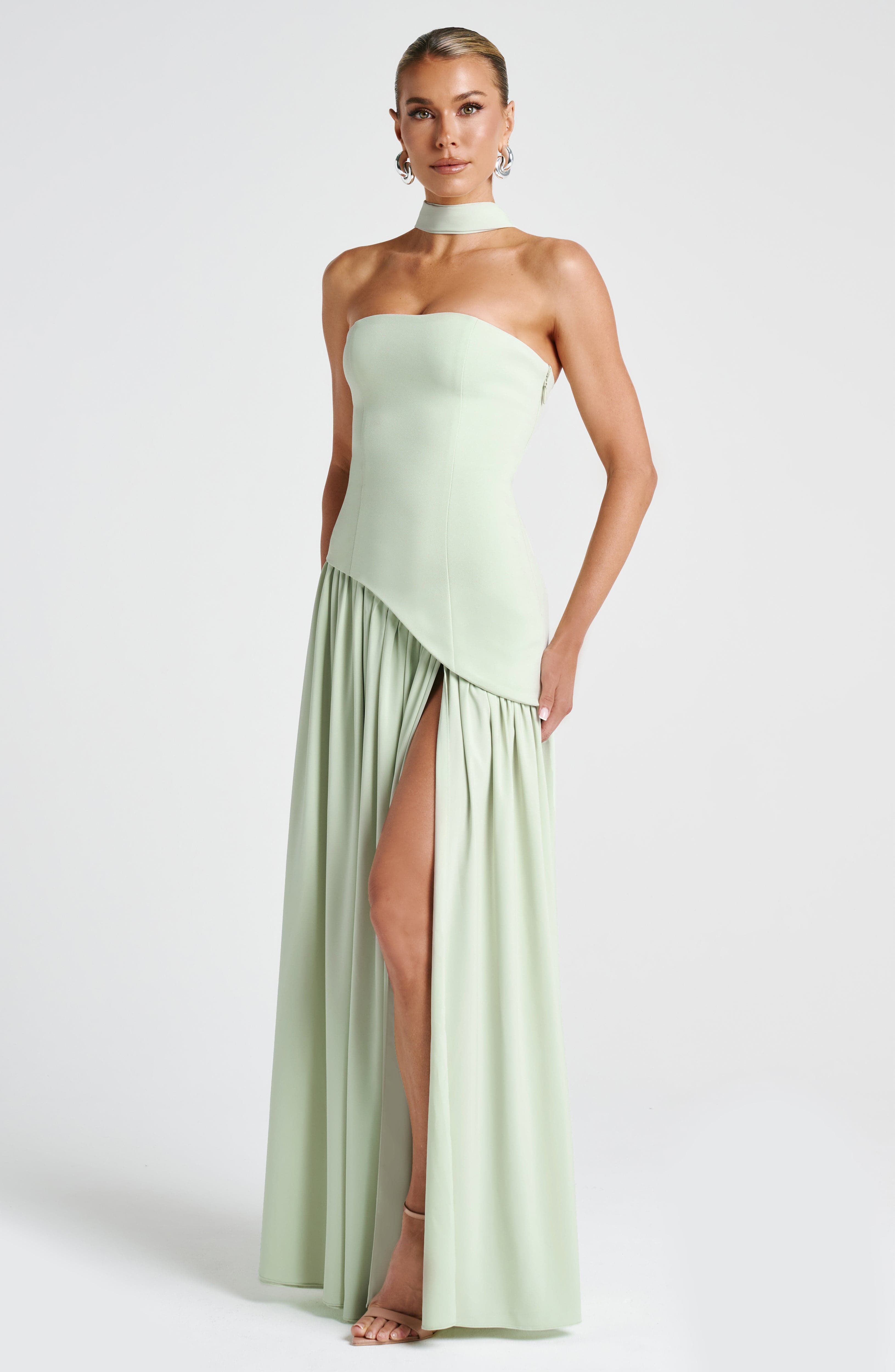 Elara™ | Sculptural Halter Neck Maxi Dress with Deep Slit