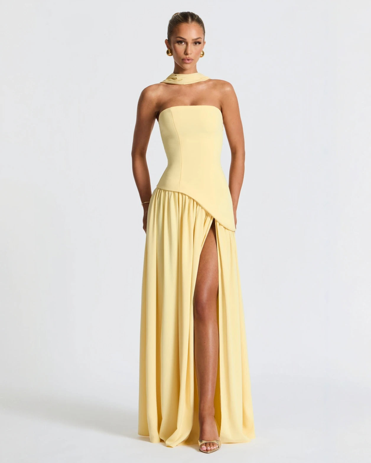 Elara™ | Sculptural Halter Neck Maxi Dress with Deep Slit