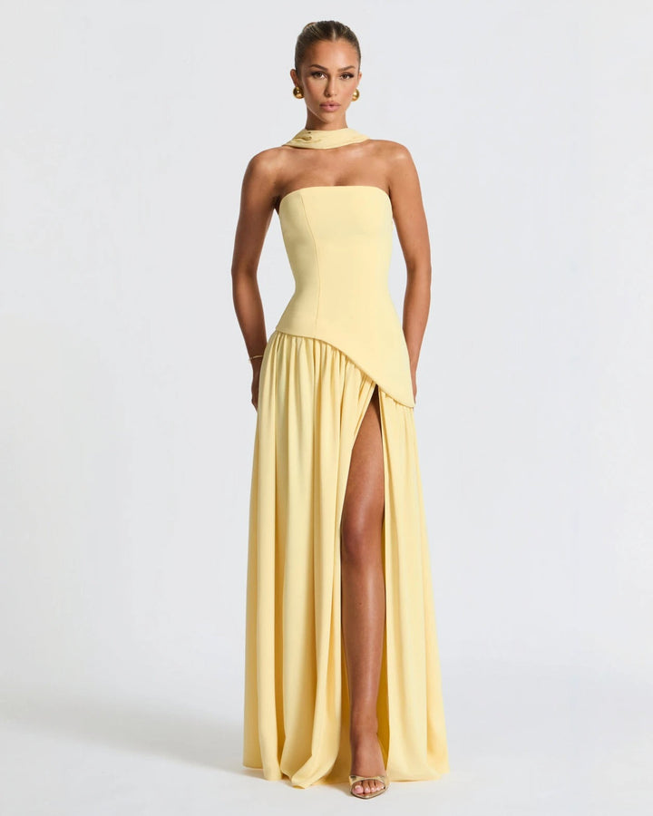 Elara™ | Sculptural Halter Neck Maxi Dress with Deep Slit