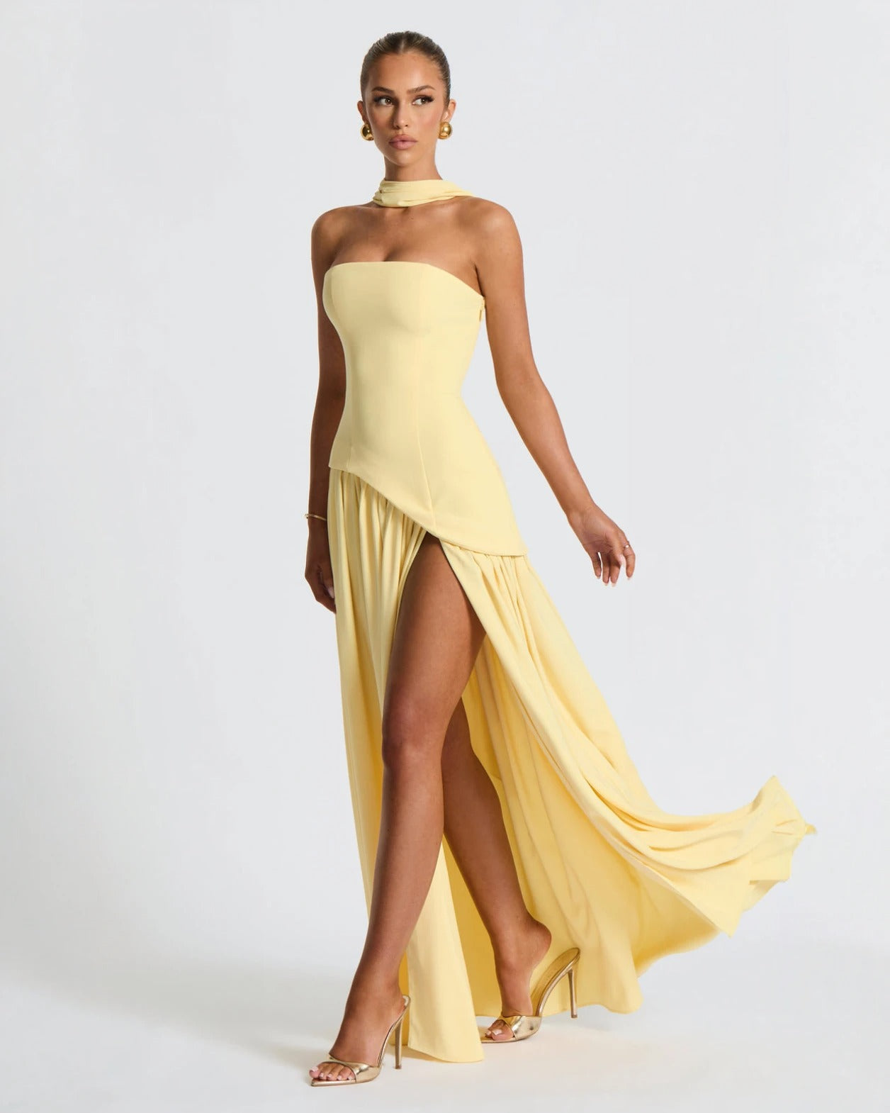 Elara™ | Sculptural Halter Neck Maxi Dress with Deep Slit